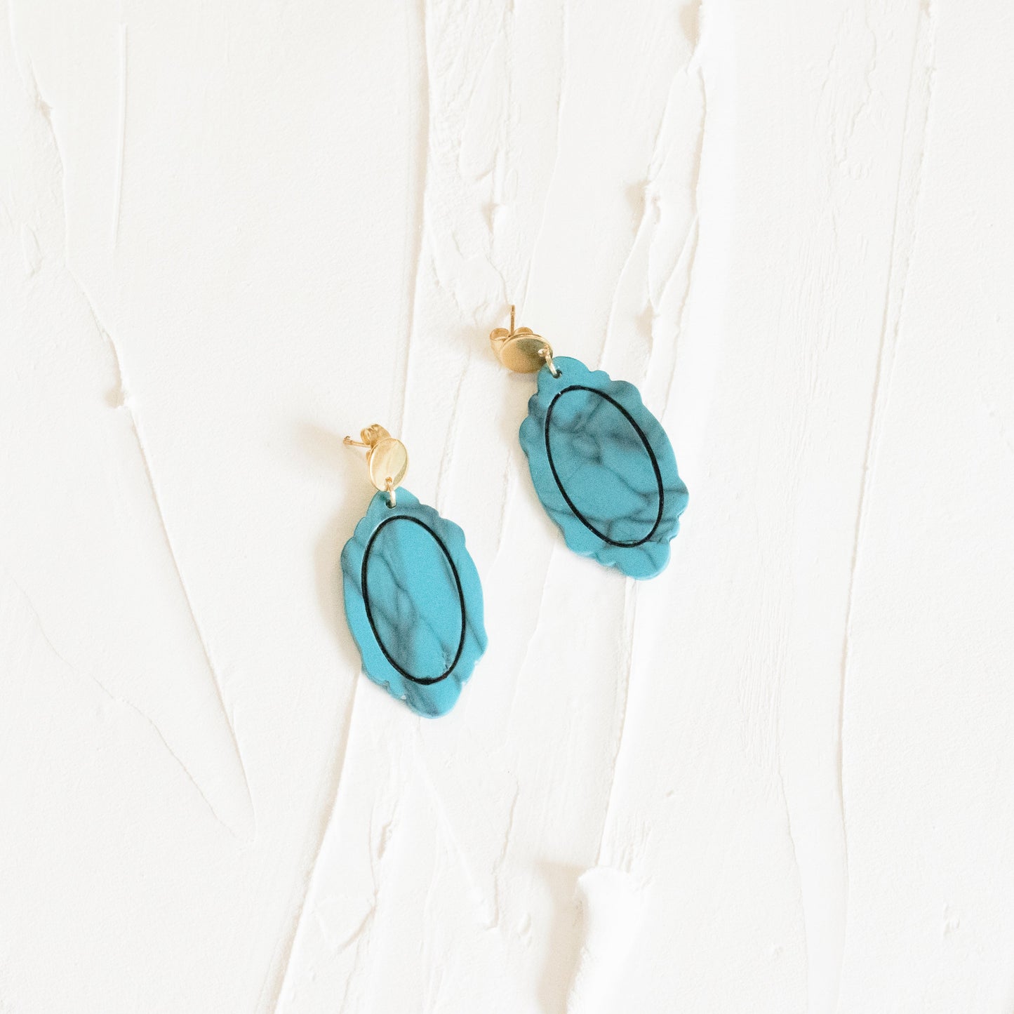 Vintage Oval Framed Marble Earrings - Turquoise Blue - Claymore NZ - Earrings