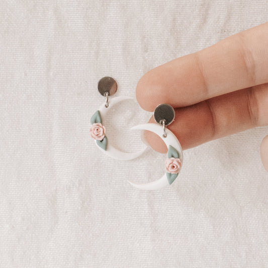 Pastel Floral Crescent Moon Earrings - Claymore NZ - Earrings