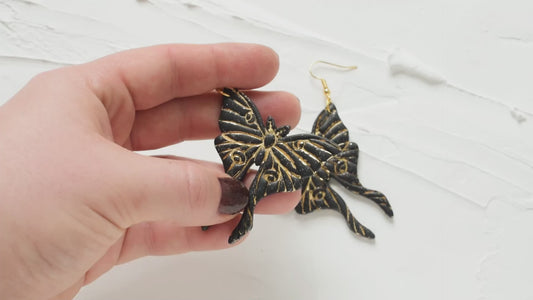 Gold Inlay Black Luna Moth Earrings
