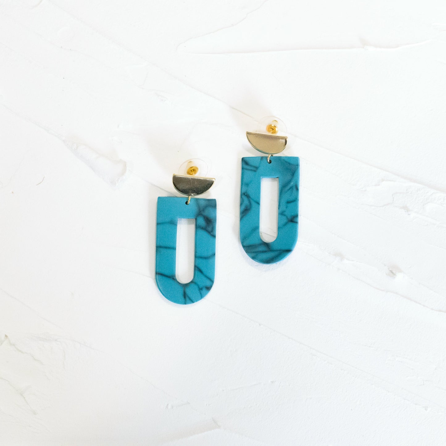 Hollow Arch Geometric Marble Earrings - Turquoise Blue - Claymore NZ-Earrings
