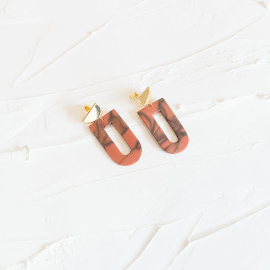 Hollow Arch Geometric Marble Earrings - Rust Red - Claymore NZ-Earrings