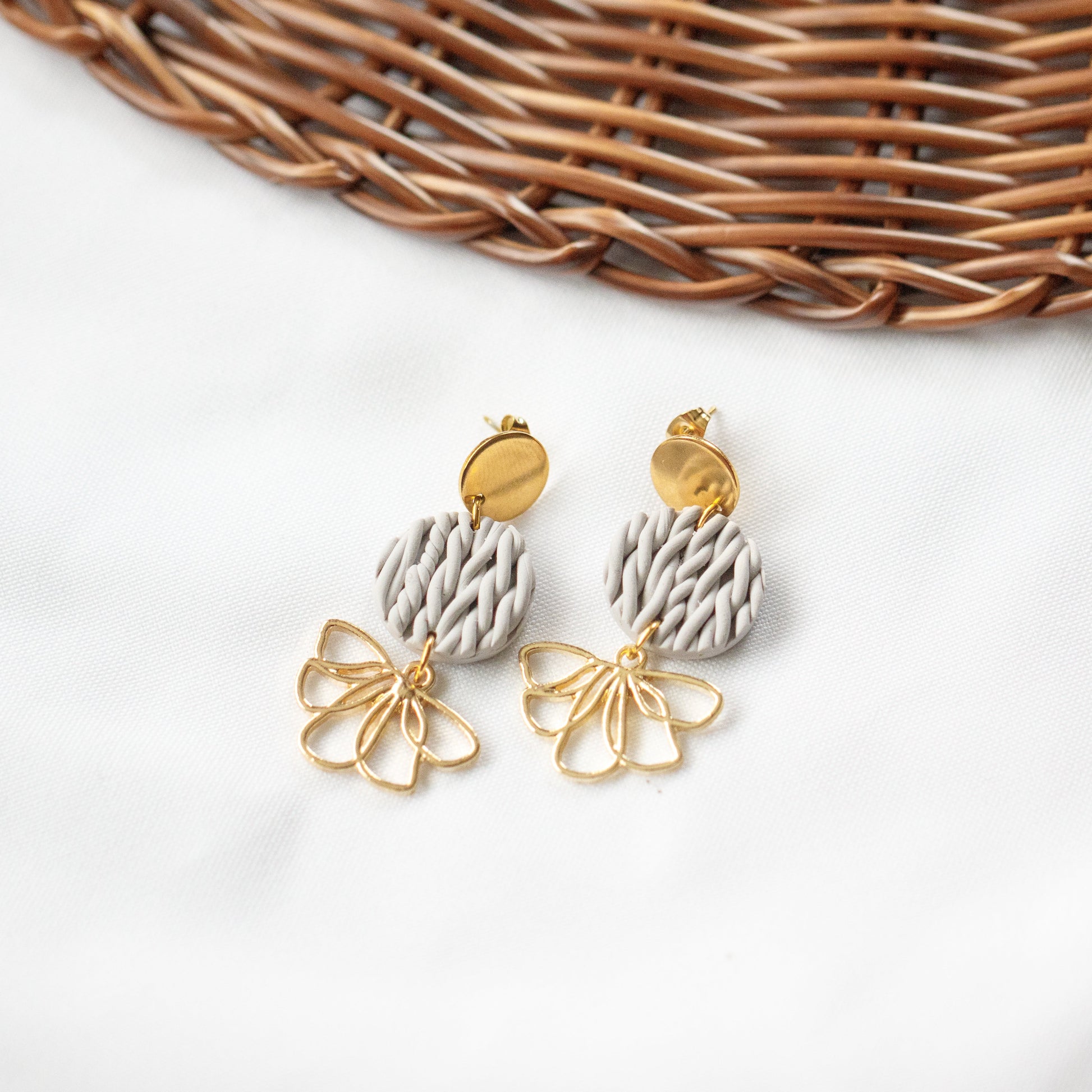Grey Knit Gold Floral Charm Earrings - Claymore NZ-Earrings