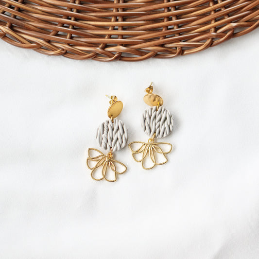 Grey Knit Gold Floral Charm Earrings - Claymore NZ - Earrings
