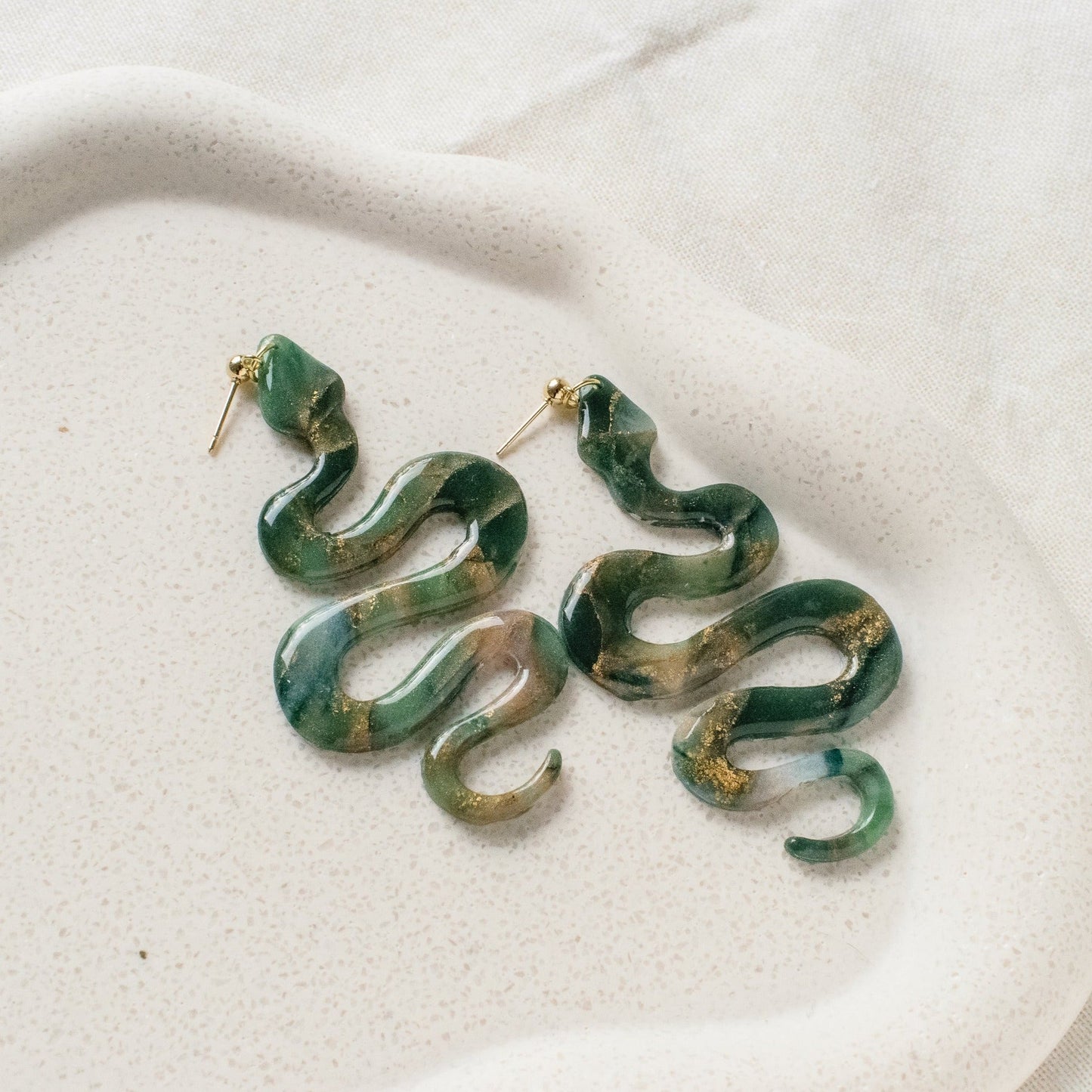 Emerald Green Marbled Snake Earrings - Claymore NZ-Earrings