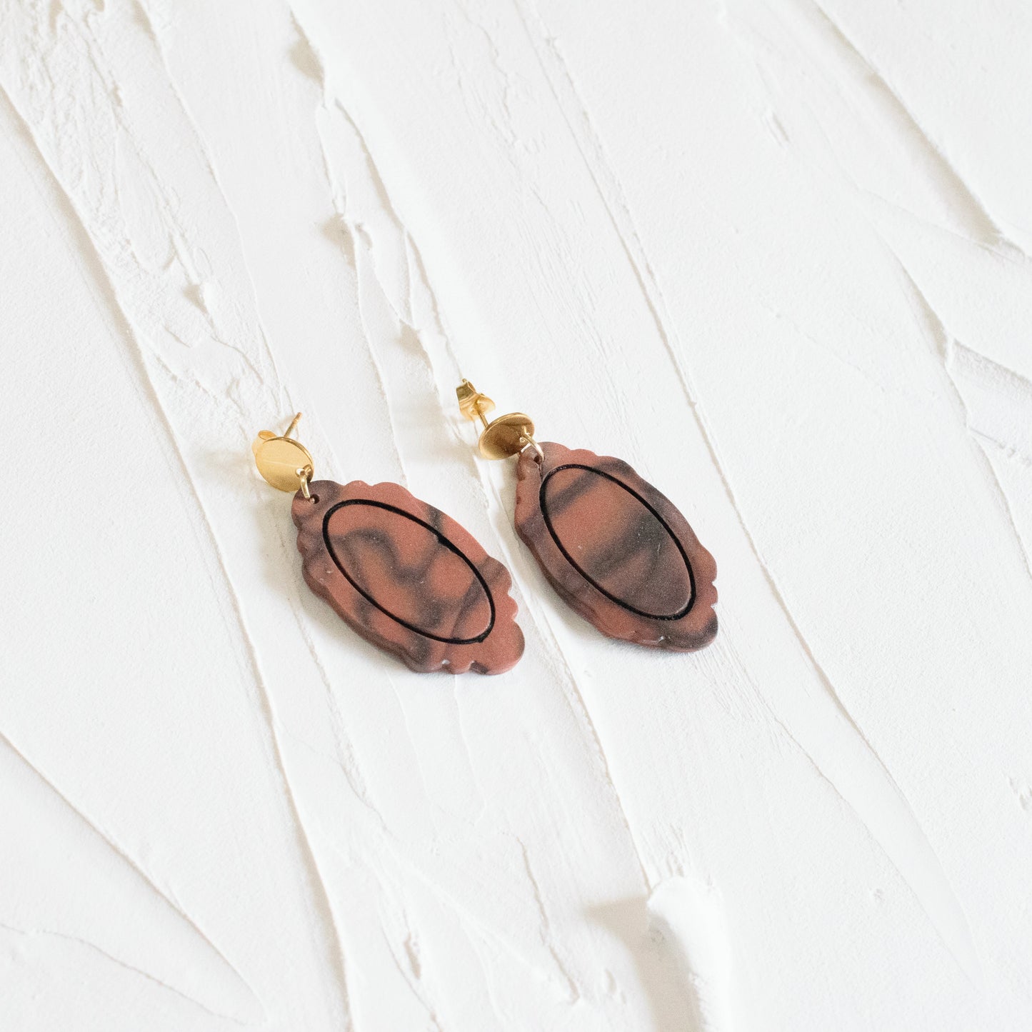 Vintage Oval Framed Marble Earrings - Rust Red - Claymore NZ-Earrings