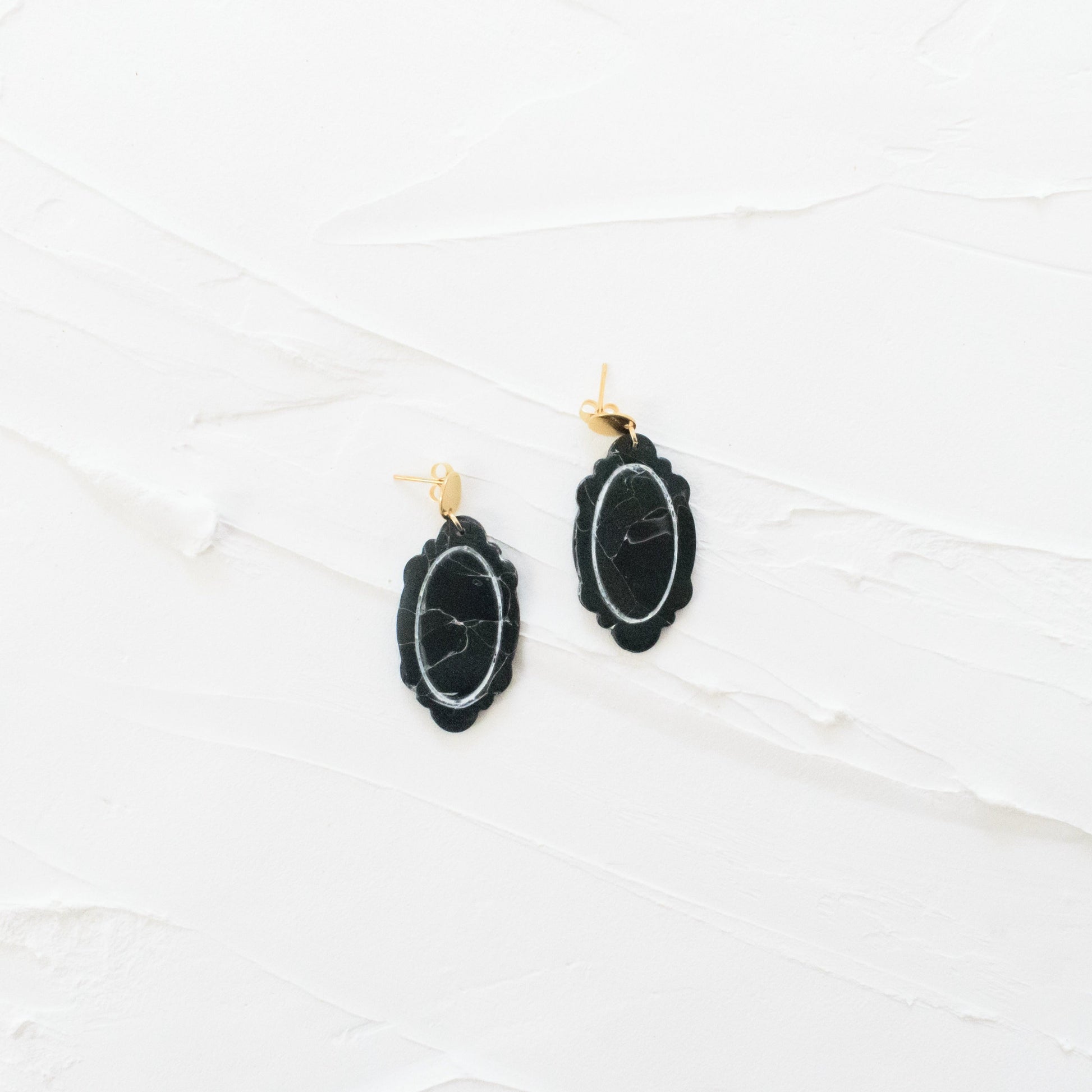 Vintage Oval Framed Marble Earrings - Black - Claymore NZ-Earrings