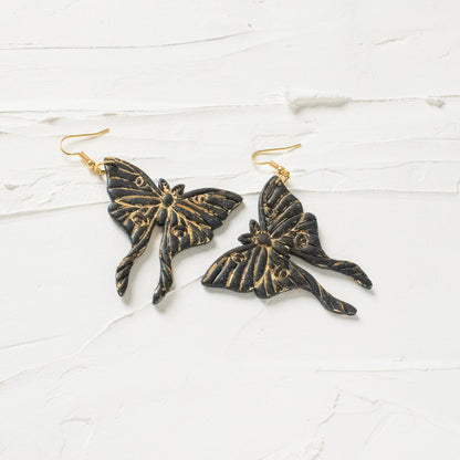 Gold Inlay Black Luna Moth Earrings - Claymore NZ - Earrings