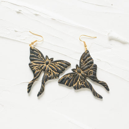 Gold Inlay Black Luna Moth Earrings - Claymore NZ-Earrings