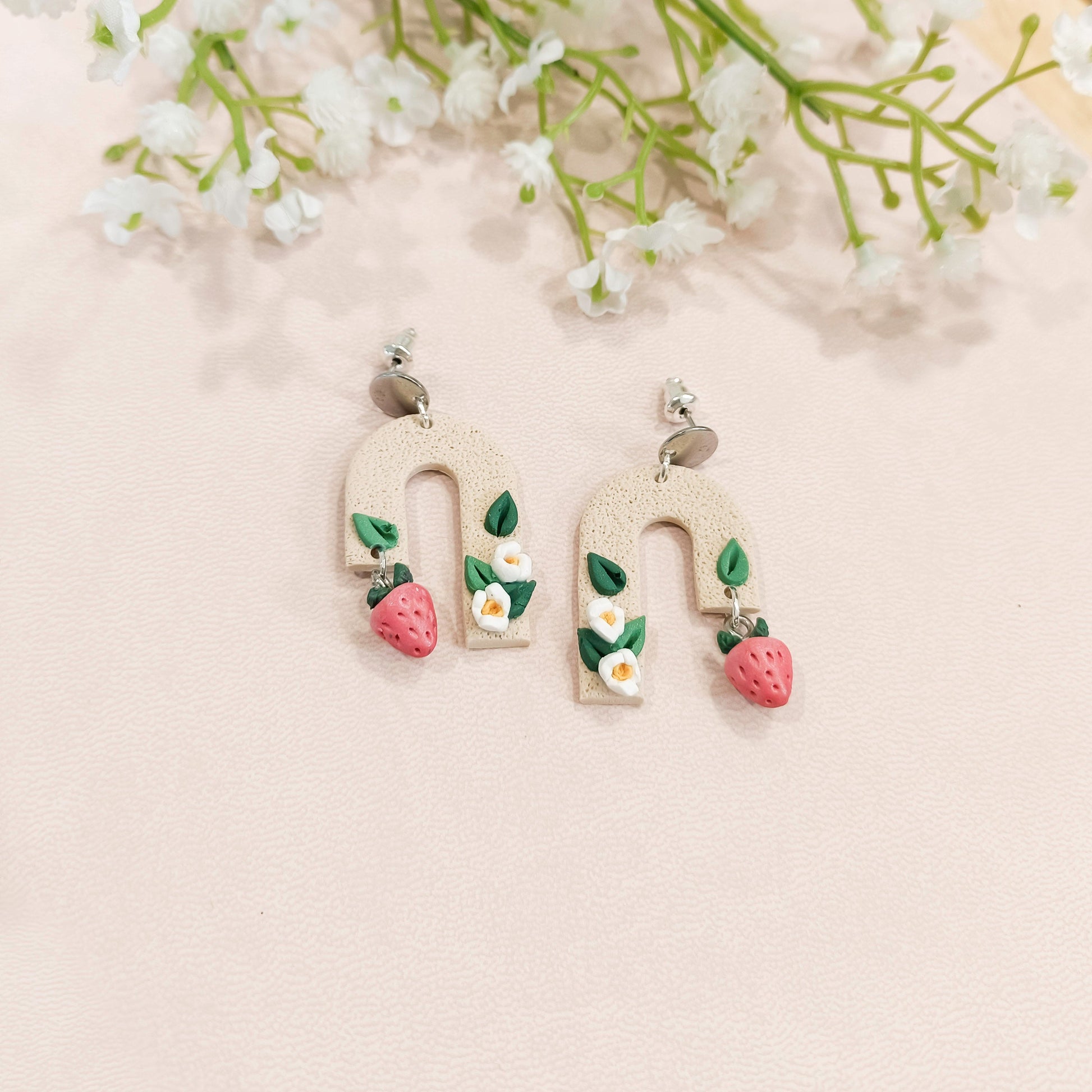Asymmetrical Strawberry Floral Arched Earrings - Claymore NZ-Earrings