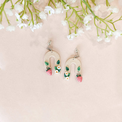 Asymmetrical Strawberry Floral Arched Earrings - Claymore NZ-Earrings