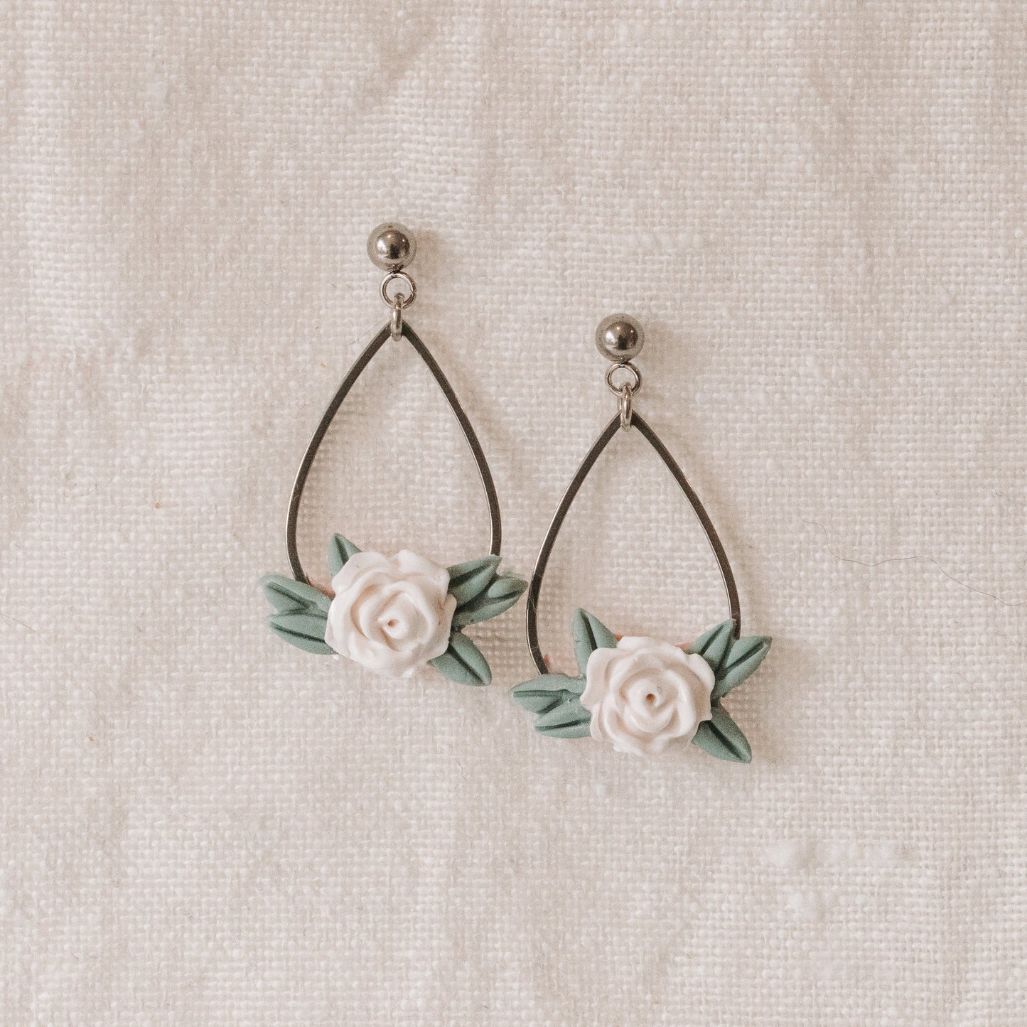 Leafy White Rose Silver Bezel Earrings - Claymore NZ-Earrings