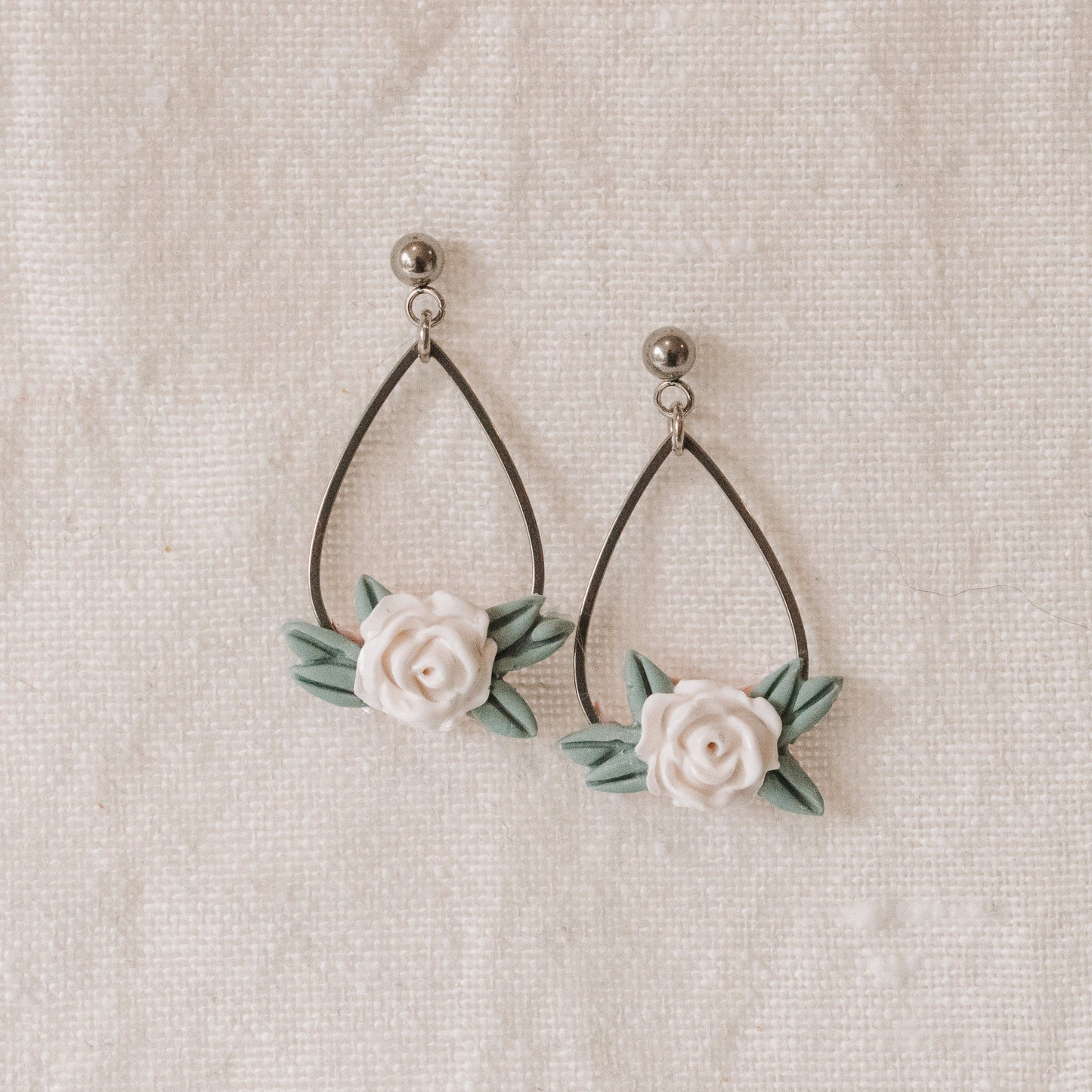 Leafy White Rose Silver Bezel Earrings - Claymore NZ-Earrings