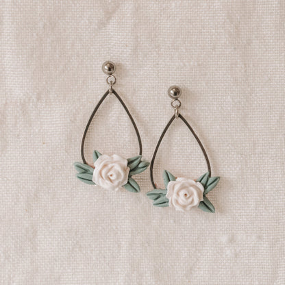 Leafy White Rose Silver Bezel Earrings - Claymore NZ - Earrings