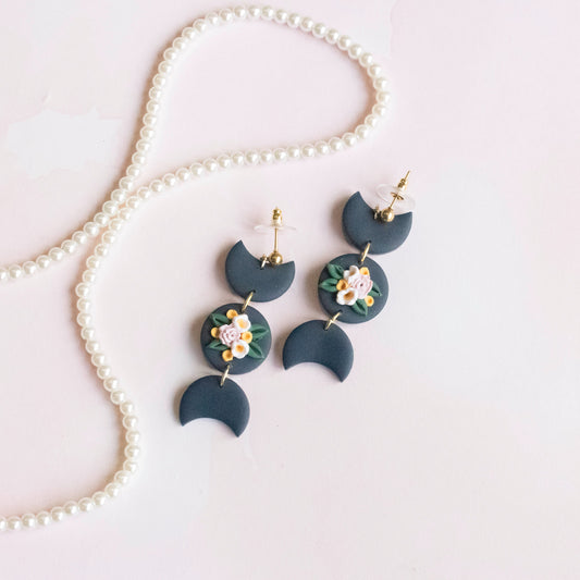 Navy Floral Mini Moon Phase Dangles - Claymore NZ - Earrings