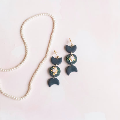 Navy Floral Mini Moon Phase Dangles - Claymore NZ-Earrings