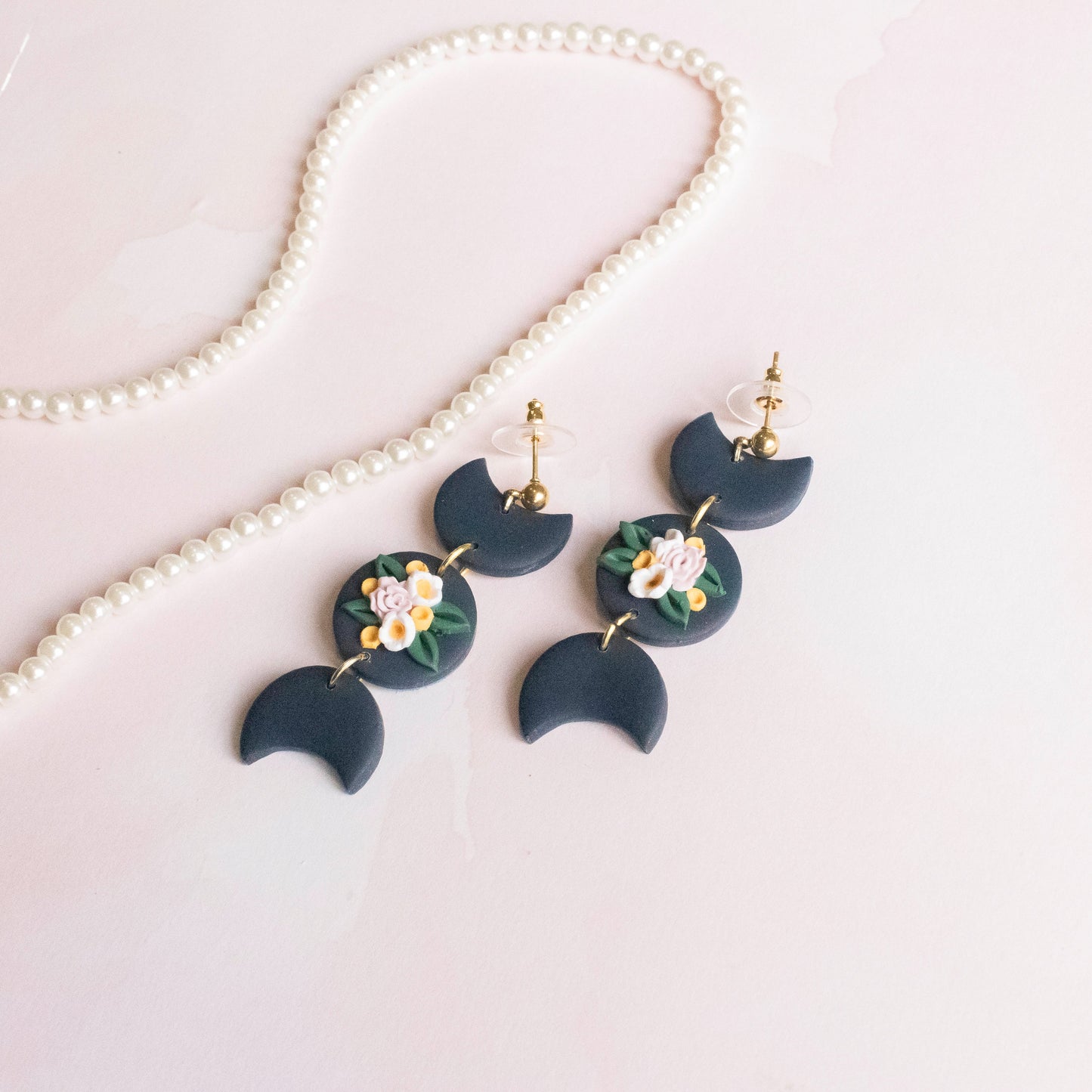 Navy Floral Mini Moon Phase Dangles - Claymore NZ-Earrings