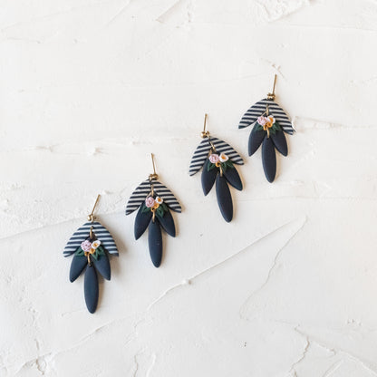 Tiered Navy Striped Floral Dangles - Claymore NZ-Earrings