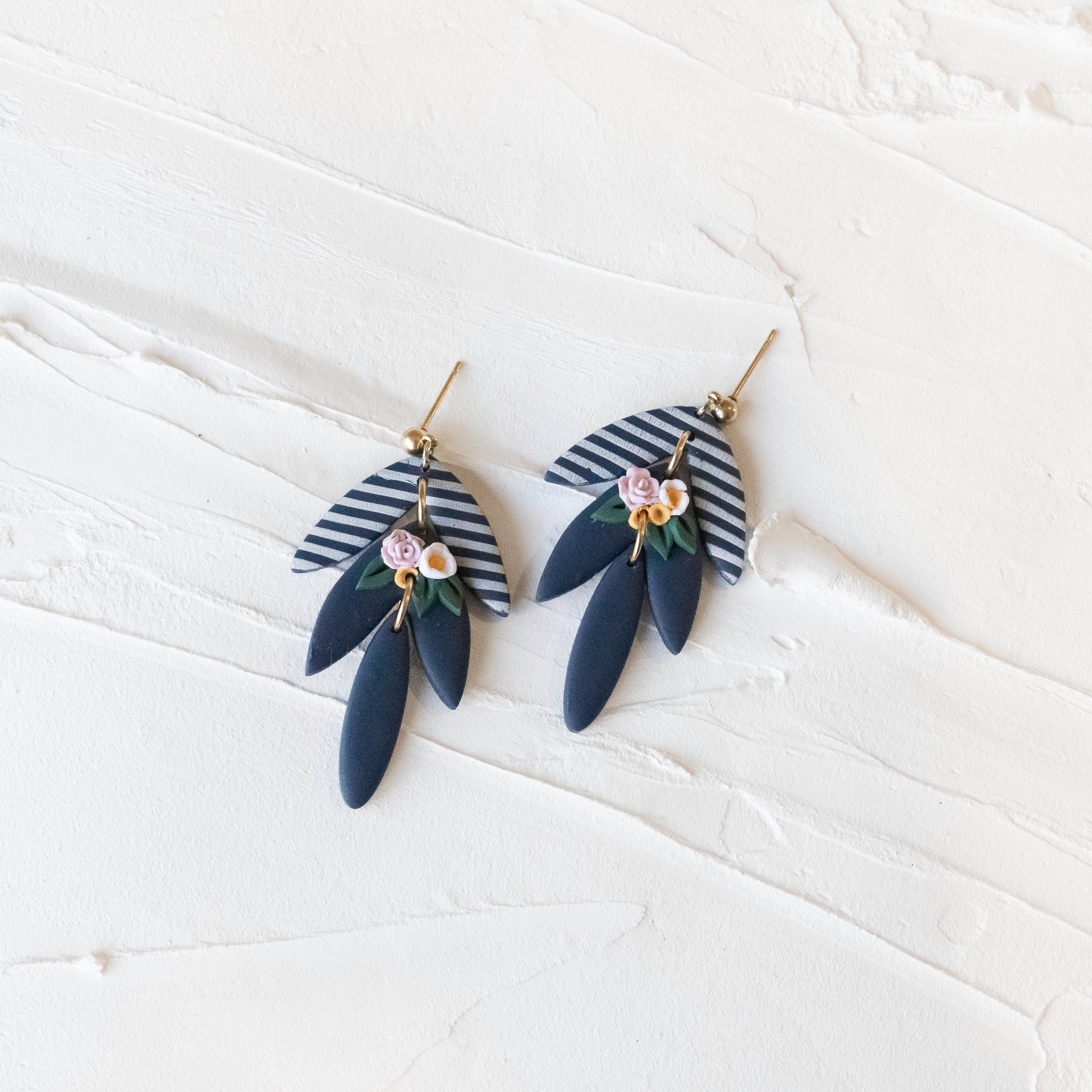 Tiered Navy Striped Floral Dangles - Claymore NZ-Earrings