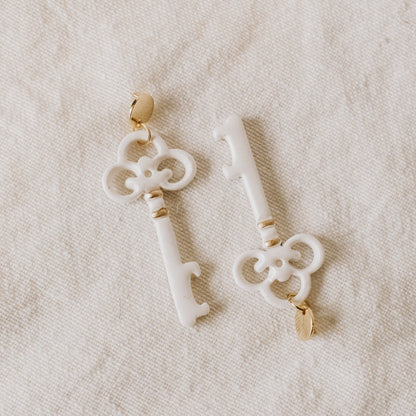 White and Gold Christmas Key Earrings - Claymore NZ-Earrings